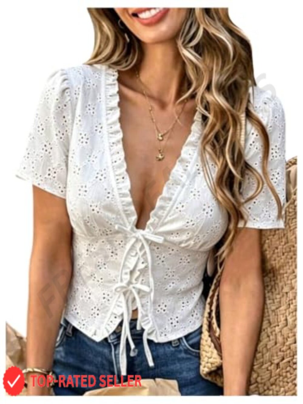 Boho Eyelet Embroidered Tie Front Puff Sleeve Top